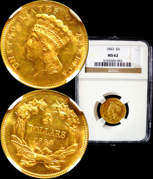 1863 Three Dollar Gold