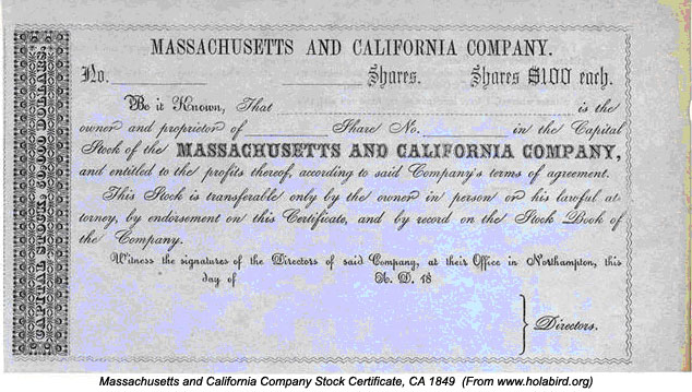 Massachusetts and California Company Stock Certificate