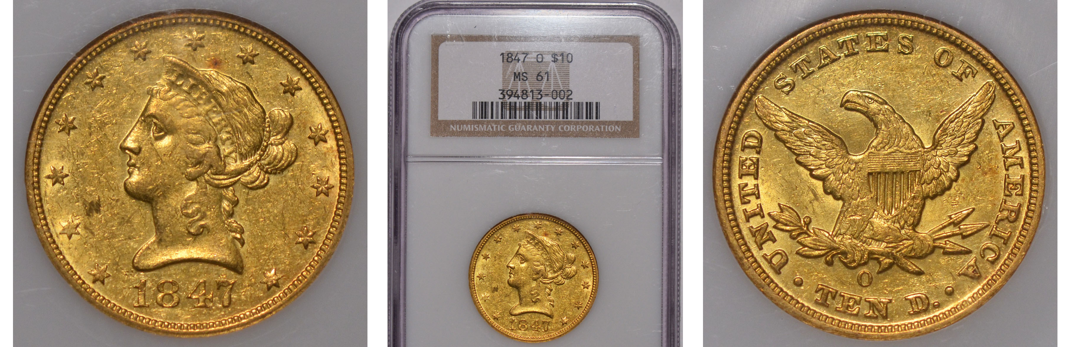 1847-O Gold Eagle NGC MS61