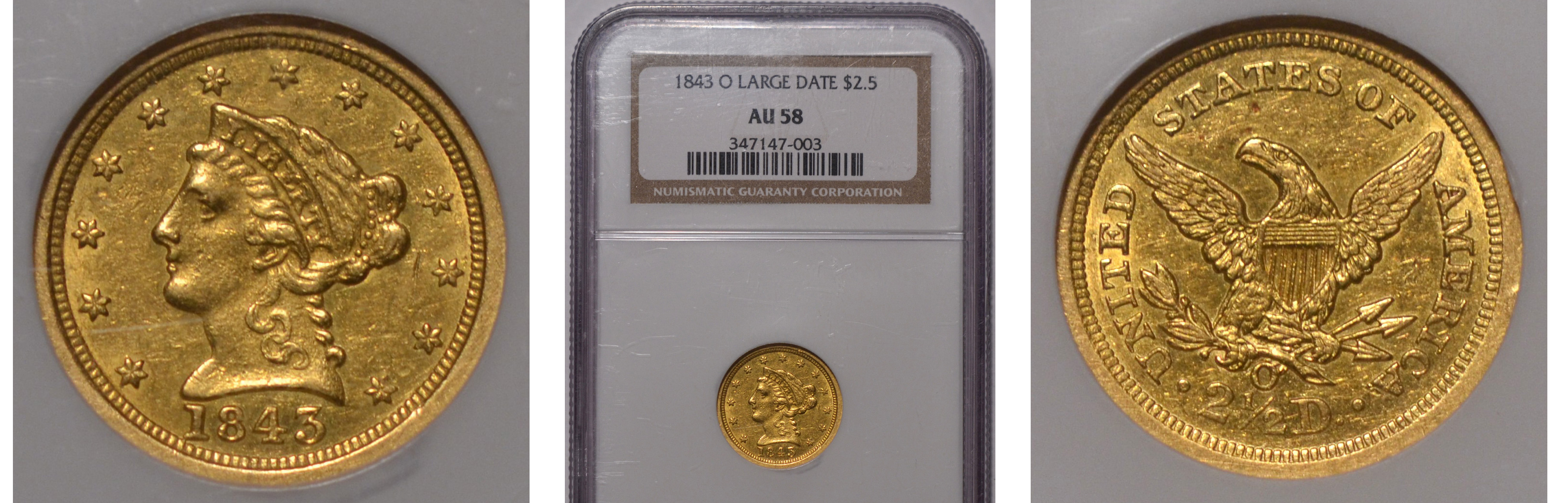 1843-O Large Date Liberty Head Quarter Eagle NGC AU58