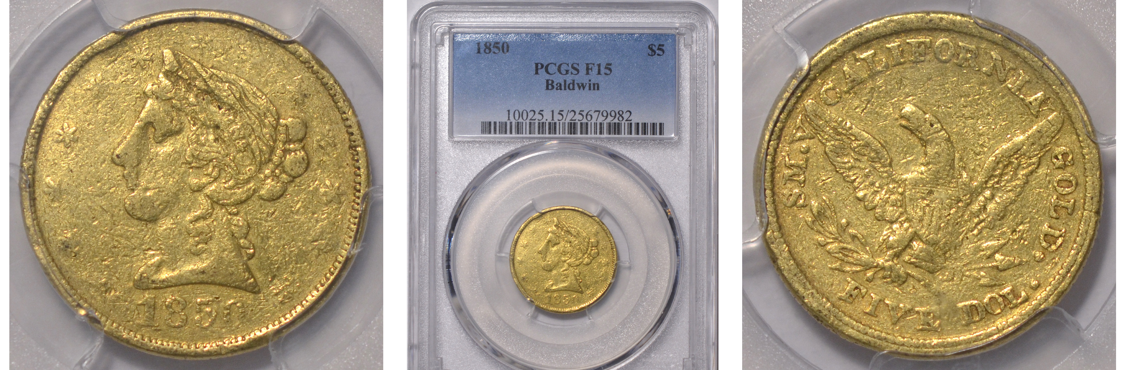 Territorial 1850 Baldwin Half Eagle PCGS F15