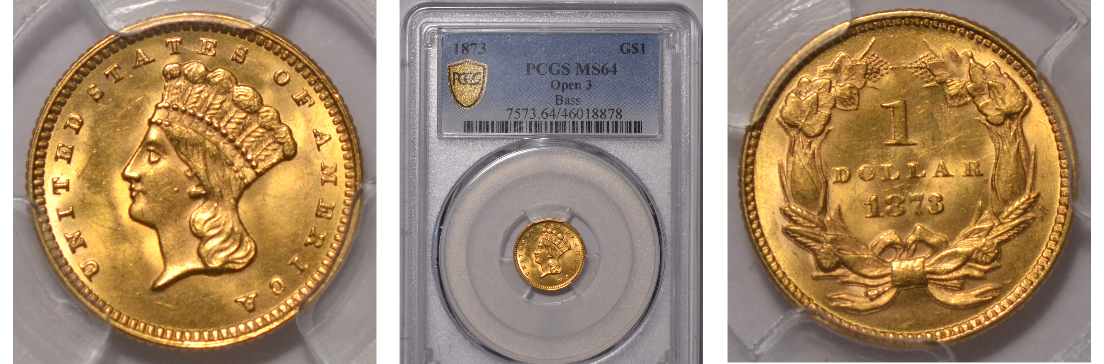 1873 Gold Dollar Open 3 PCGS MS64